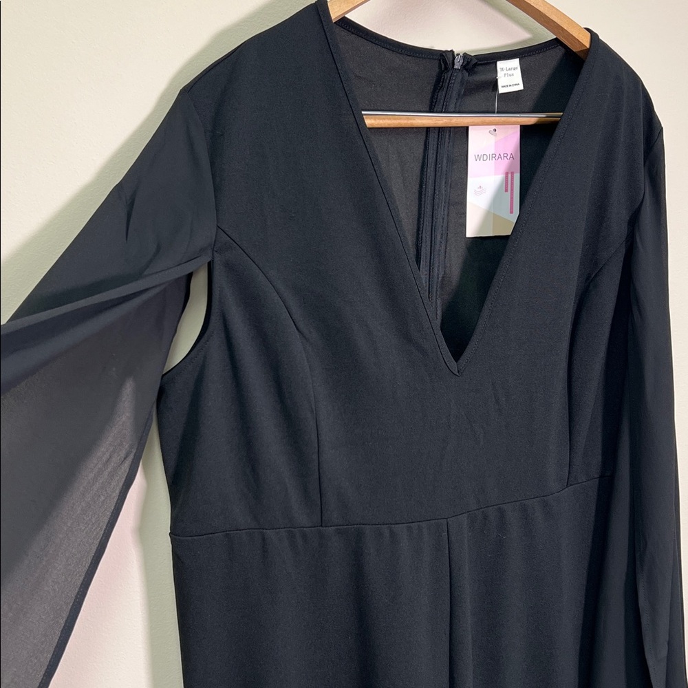 New Dressy Black High Waist Jumpsuit Deep V-Neck Split Long Sheer Sleeves 3X - Picture 3 of 15